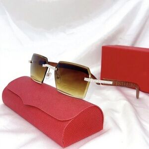 2026 Fashion Square Rimless Cut Lens Sunglasses Vintage Rhinestone Luxury Brown